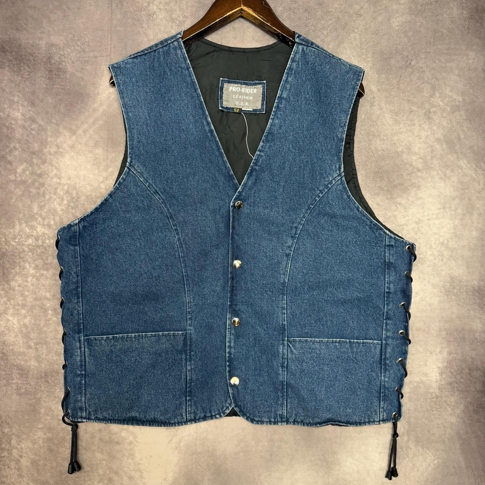 VTG Pro-Rider Denim Vest Men's‎ 52 Size Large Blue Biker Motorcycle Side Lace Up